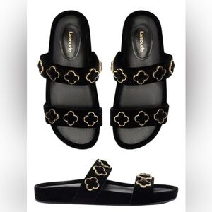 Larroude Milan Piccolo Black Velvet and Gold Slide Sandals